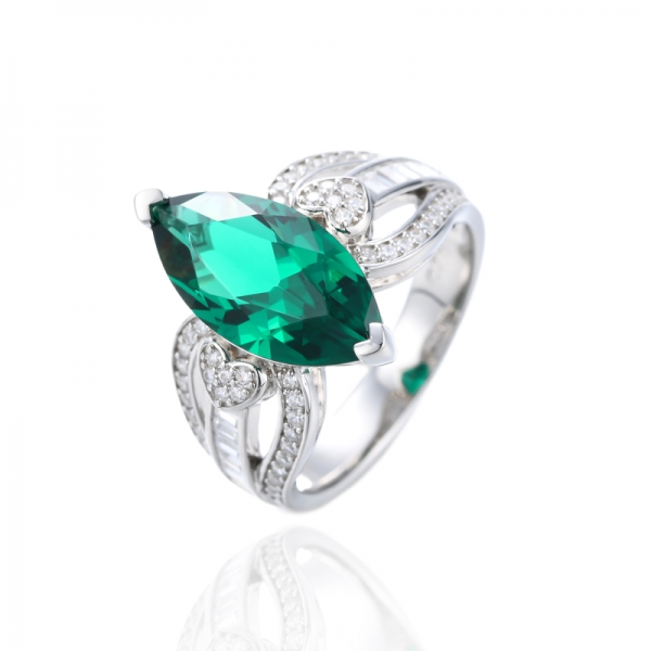 Marquise Green Nano and White Cubic Zirconia Rhodium Silver Ring 