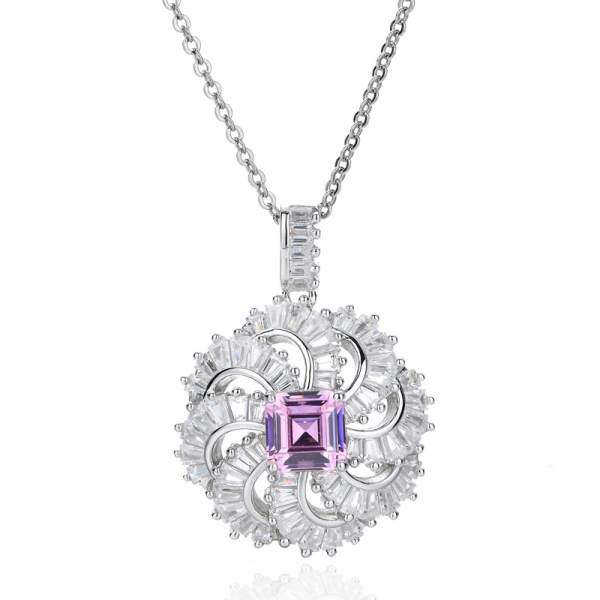 Asscher Tanzanite Cubic Zirconia Rhodium Plating Silver Pendant 