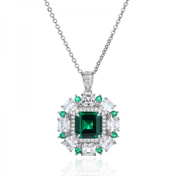 Asscher Green Nano And White Cubic Zircon Rhodium Silver Pendant 