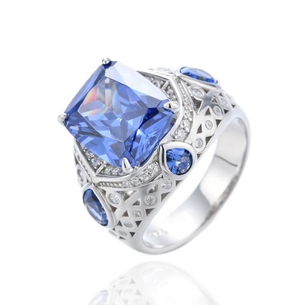 Cushion Tanzanite And White Cubic Zirconia Rhodium Silver Ring 