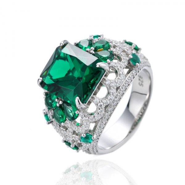 Octagon Green Nano Cubic Zirconia Rhodium Silver Ring 