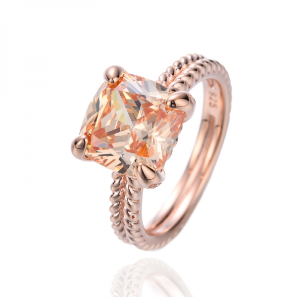 Cushion Champagne Cubic Zirconia Silver Ring Whit Rose Gold Plating 