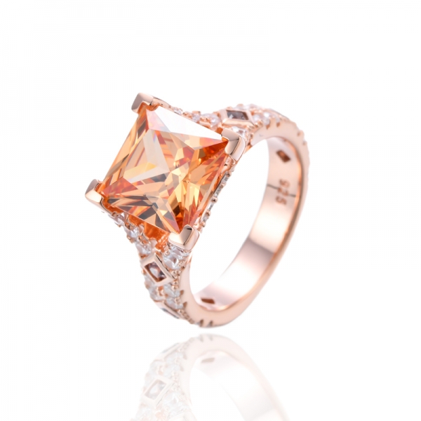 Square Champagne and White Cubic Zirconia Silver Ring Whit Rose Gold Plating 