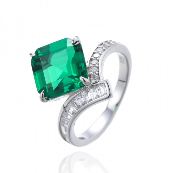 Asscher Green Nano And White Cubic Zirconia Rhodium Silver Ring 