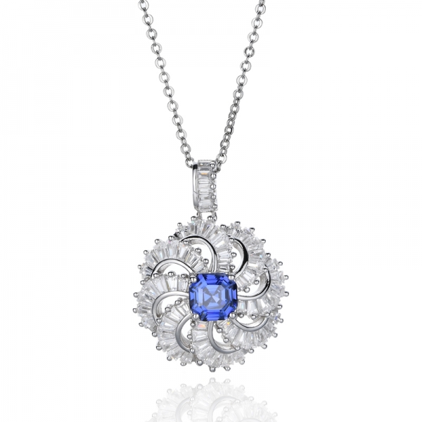 Asscher Tanzanite Cubic Zirconia Rhodium Plating Silver Pendant 