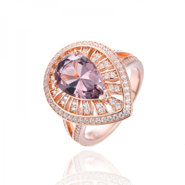 Pear Shape Morganite Nano and White Cubic Zirconia Silver Ring Whit Rose Gold Plating 