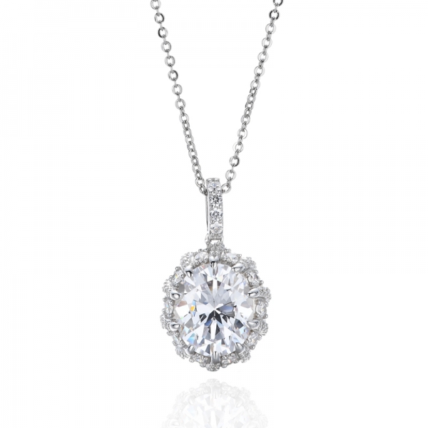 Oval Shape White Cubic Zircon Rhodium Silver Pendant 