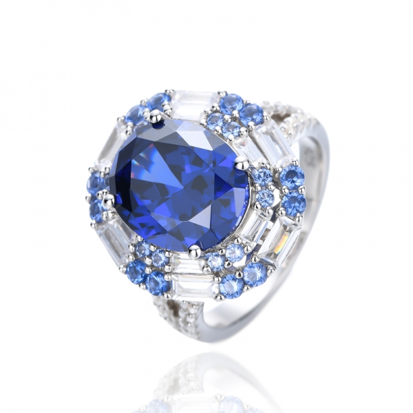 Oval Shape Tanzanite Cubic Zirconia And Round Nano Rhodium Silver Ring 