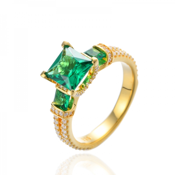 Square Green Nano and Round Cubic Zirconia Silver Ring Whit Gold Plating 