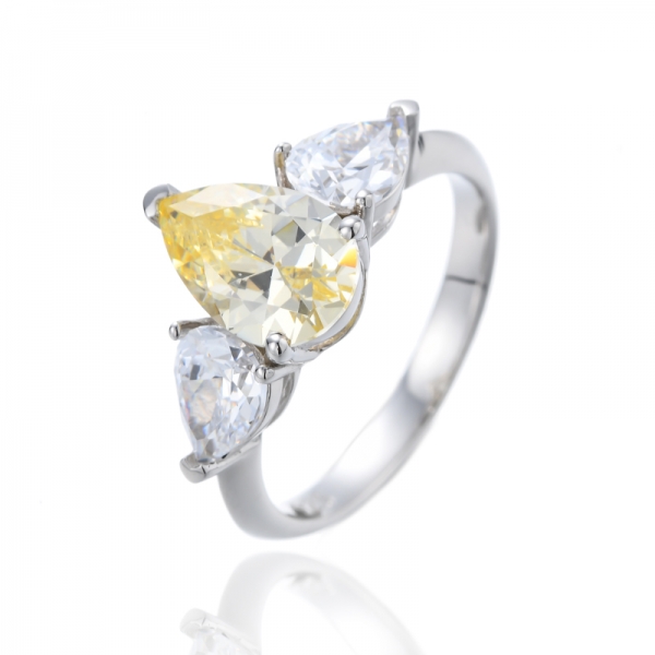 Pear Shape Canary Cubic Zirconia Rhodium Silver Ring 