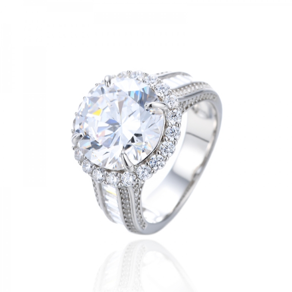 Round White And Baguette Cubic Zirconia Rhodium Silver Ring 