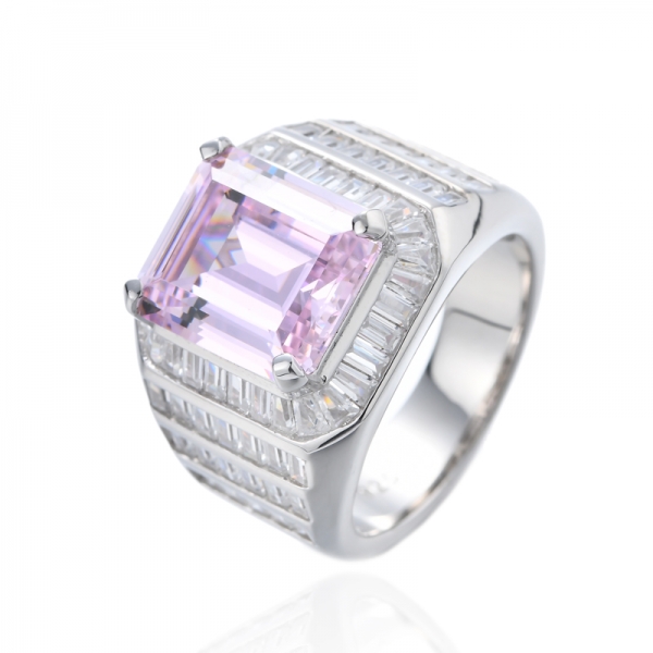 Emerald Cut Pink And White Cubic Zirconia Rhodium Silver Ring 