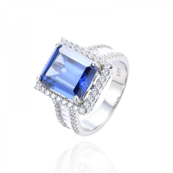 Emerald Cut Tanzanite And White Cubic Zirconia Rhodium Silver Ring 