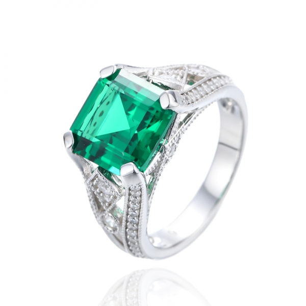 Asscher Green Nano And Round White Cubic Zirconia Rhodium Silver Ring 