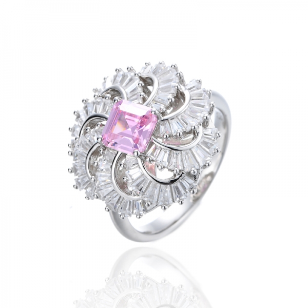 Asscher Pink And White Cubic Zirconia Rhodium Silver Ring 