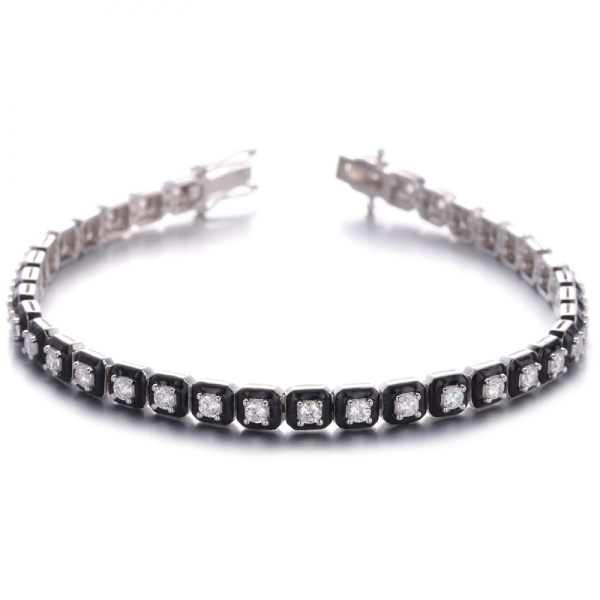 Black Enamel And White Cubic Zirconia Center Rhodium Plating Silver Bracelet 