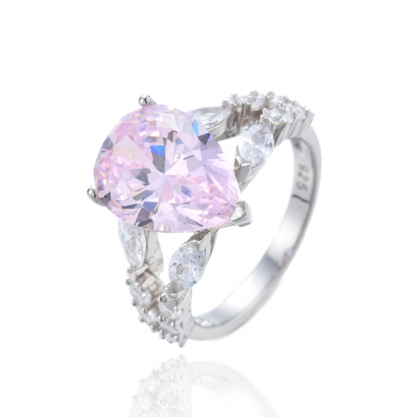 Pear Shape Pink And White Cubic Zirconia Rhodium Silver Ring 