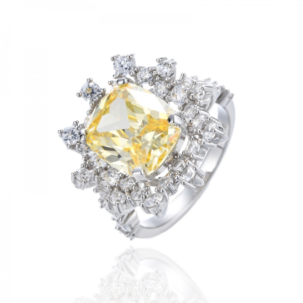 Cushion Canary And Round White Cubic Zirconia Rhodium Silver Ring 