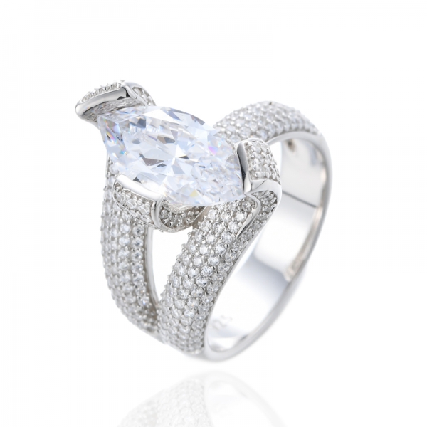Marquise White And Round Cubic Zirconia Rhodium Silver Ring 