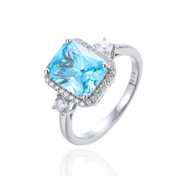 Octagon Aqua And Round White Cubic Zirconia Rhodium Silver Ring 