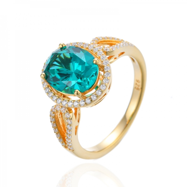 Oval Shape Paraiba And White Cubic Zirconia Silver Ring With Gold Plating 