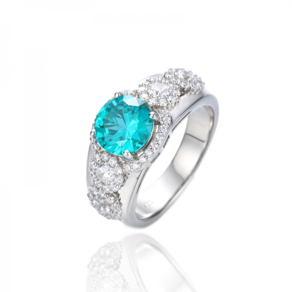 Round Paraiba And White Cubic Zirconia Rhodium Silver Ring 