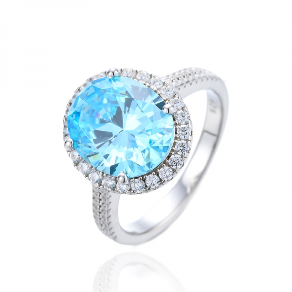 Oval Shape Aqua And Round White Cubic Zirconia Rhodium Silver Ring 