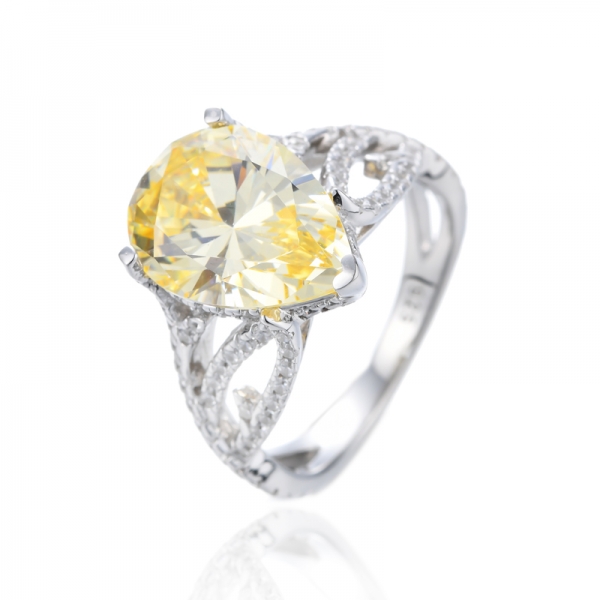 Pear Shape Yellow And Round White Cubic Zirconia Rhodium Silver Ring 