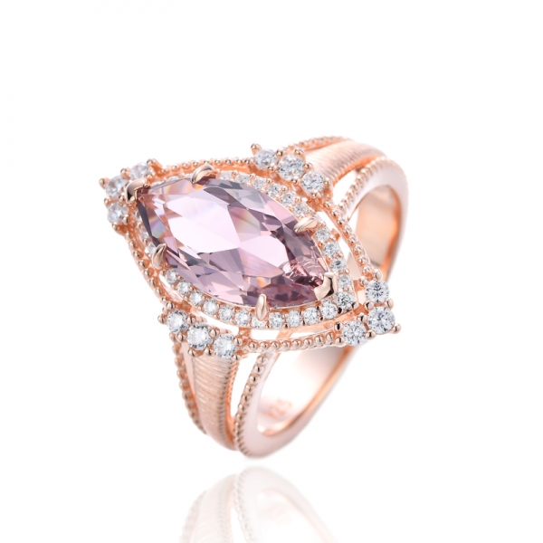 Marquise Morganite Nano And Round White Cubic Zirconia Rhodium Silver Ring 