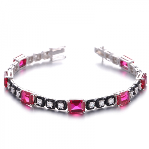 Black Enamel And Ruby Corundum Rhodium Plating Silver Bracelet 