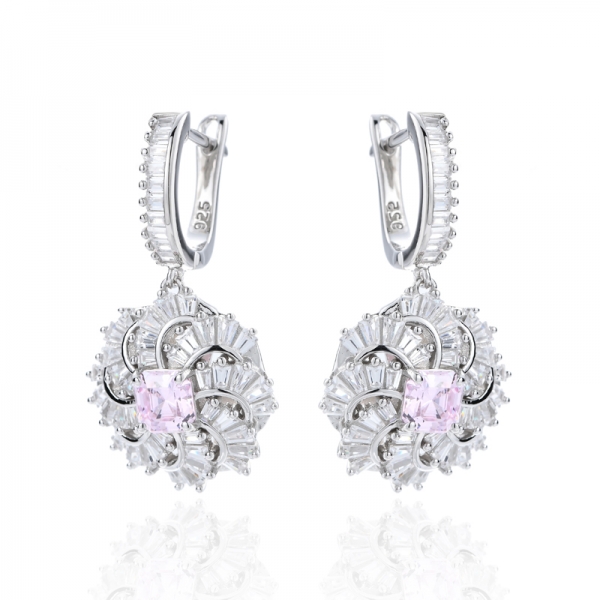 Asscher Pink And White Cubic Zirconia Rhodium Silver Earring 