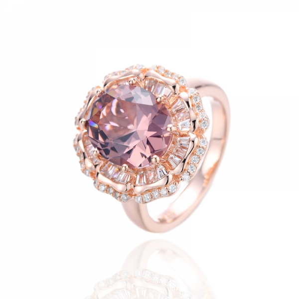Oval Shape Morganite Nano And White Cubic Zirconia Silver Ring With Rose Gold Plating 