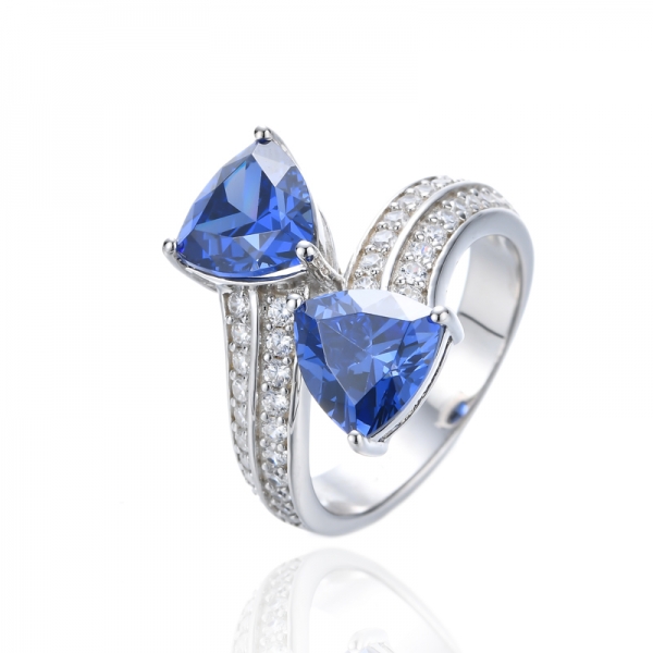 Trillion Shape Tanzanite And White Cubic Zirconia Rhodium Silver Ring 