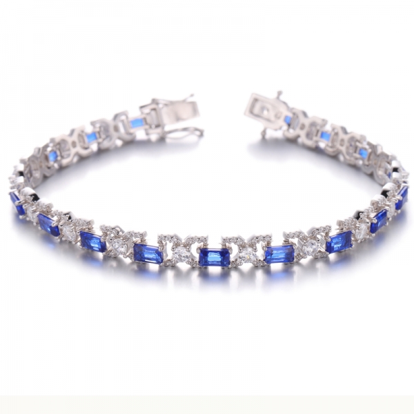 Baguette Blue Nano And Round White Cubic Zirconia Rhodium Plating Silver Bracelet 