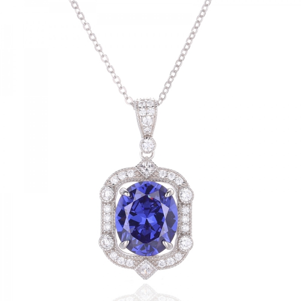 Oval Shape Tanzanite And White Cubic Zircon Rhodium Silver Pendant 