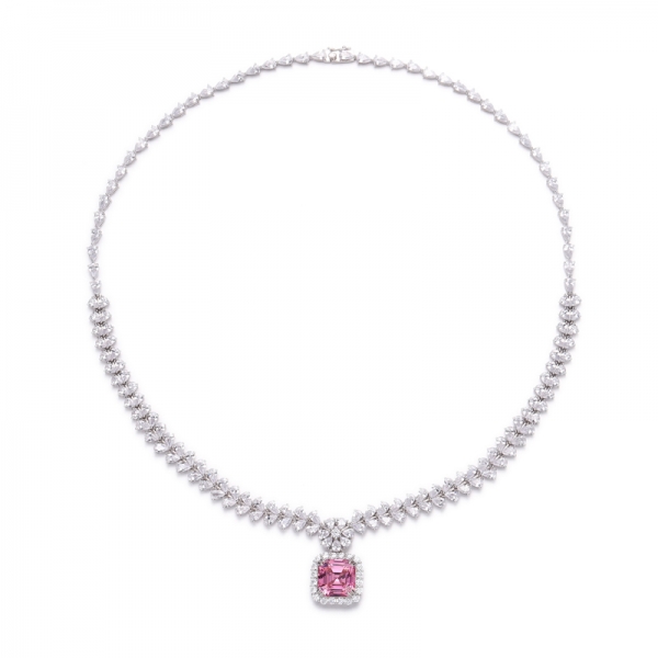 Asscher Pink And White Cubic Zirconia Rhodium Plating Silver Necklace 