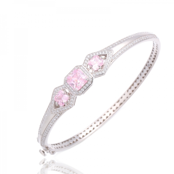 Octagon White Cubic Zirconia Silver Bangle With Rose Gold Plating 