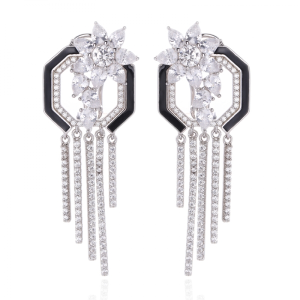 Black Enamel And White Cubic Zirconia Rhodium Silver Earring 