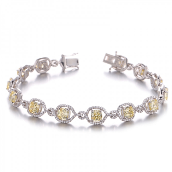 Cushion Yellow And Round White Cubic Zirconia Rhodium Plating Silver Bracelet 