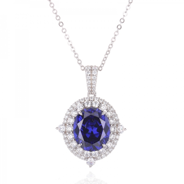 Oval Shape Tanzanite And Round White Cubic Zircon Rhodium Silver Pendant 