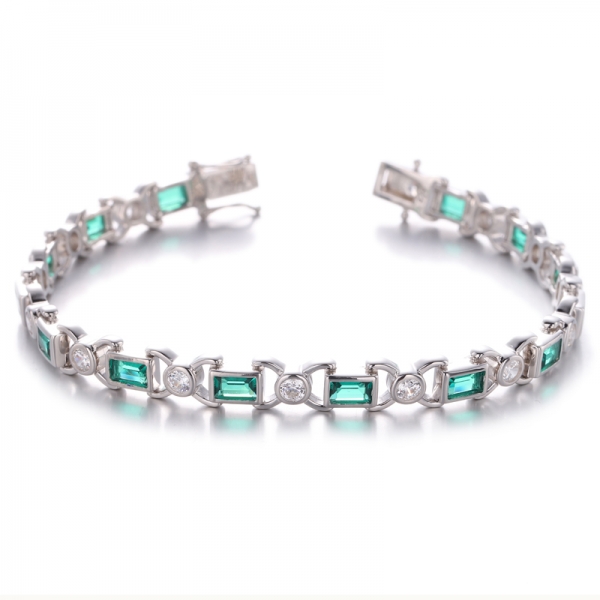 Baguette Green Nano And Round White Cubic Zirconia Rhodium Plating Silver Bracelet 