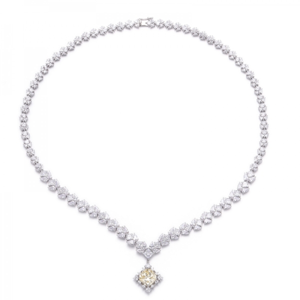 Cushion Yellow And White Cubic Zirconia Rhodium Plating Silver Necklace 