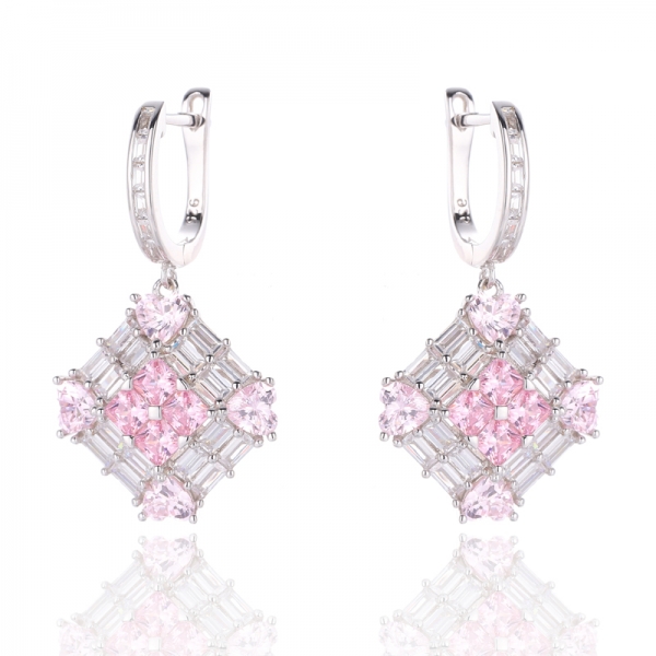 Octagon Pink And White Cubic Zirconia Rhodium Silver Earring 