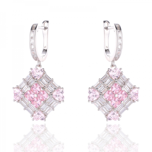 Octagon Pink And White Cubic Zirconia Rhodium Silver Earring 