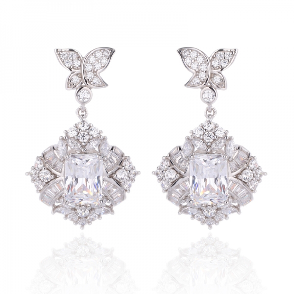 Octagon Tanzanite And White Cubic Zirconia Rhodium Silver Earring 
