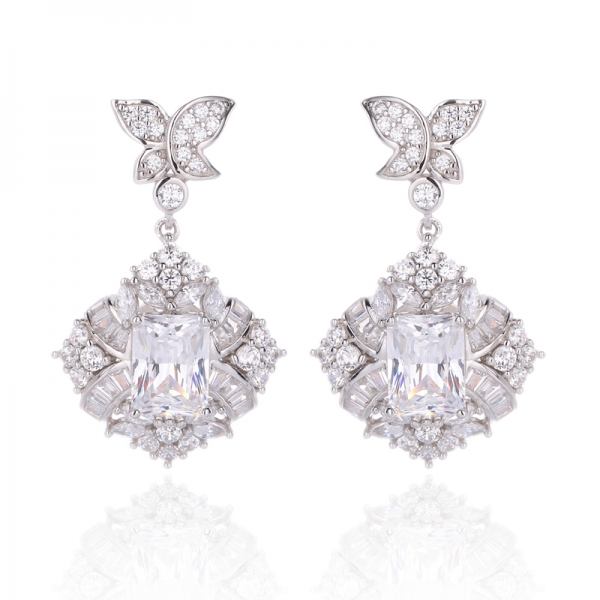 Octagon Tanzanite And White Cubic Zirconia Rhodium Silver Earring 