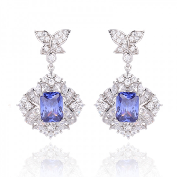Octagon Tanzanite And White Cubic Zirconia Rhodium Silver Earring 