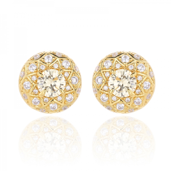 Round Yellow And White Cubic Zirconia Silver Earring With Gold Plating 