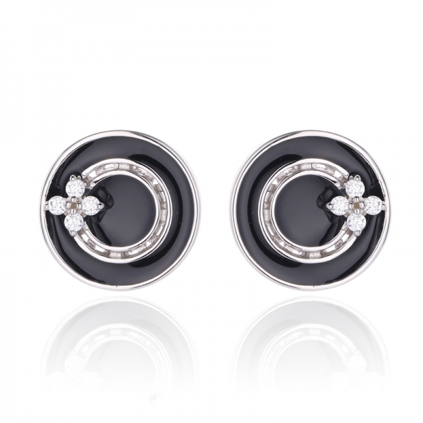 Grey Enamel And Round White Cubic Zirconia Rhodium Silver Earring 