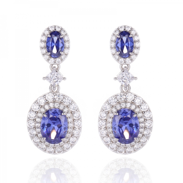 Oval Shape Tanzanite And White Cubic Zirconia Rhodium Silver Earring 